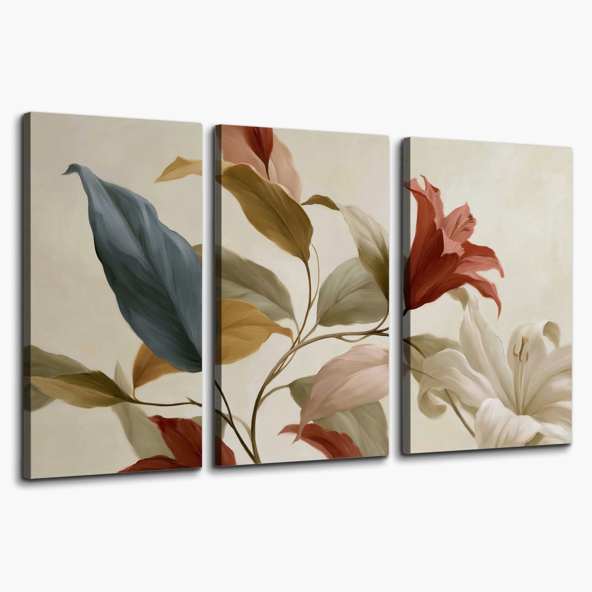 Cream flowers with broad blue and rust leaves sweeping across a neutral background 3 piece canvas wall art on a white background