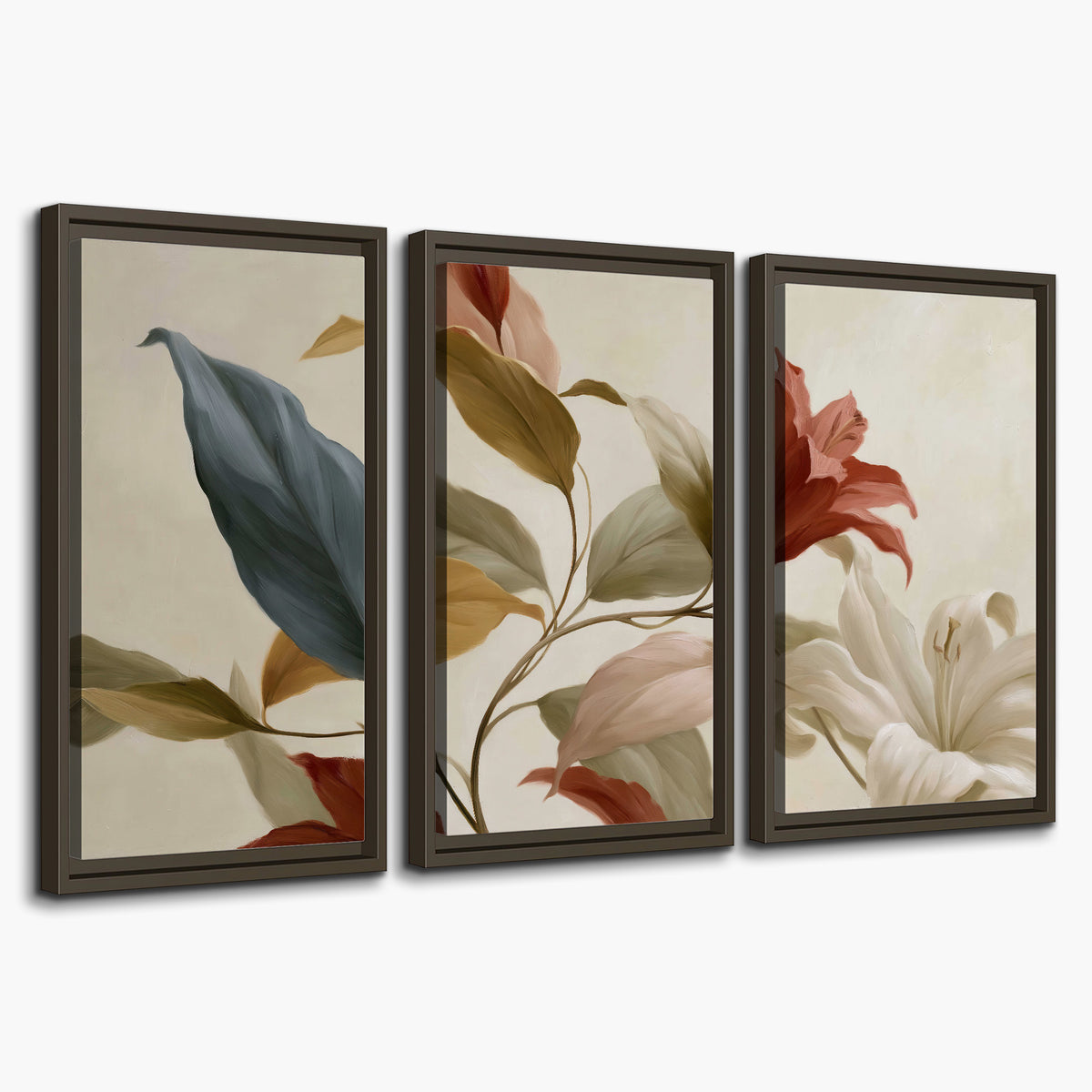 Cream flowers with broad blue and rust leaves sweeping across a neutral background 3 piece framed canvas wall art on a white background