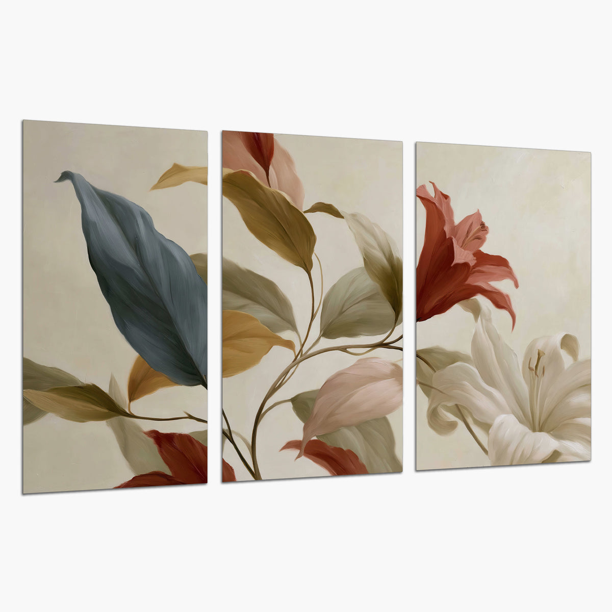 Cream flowers with broad blue and rust leaves sweeping across a neutral background set of 3 poster prints on a white background