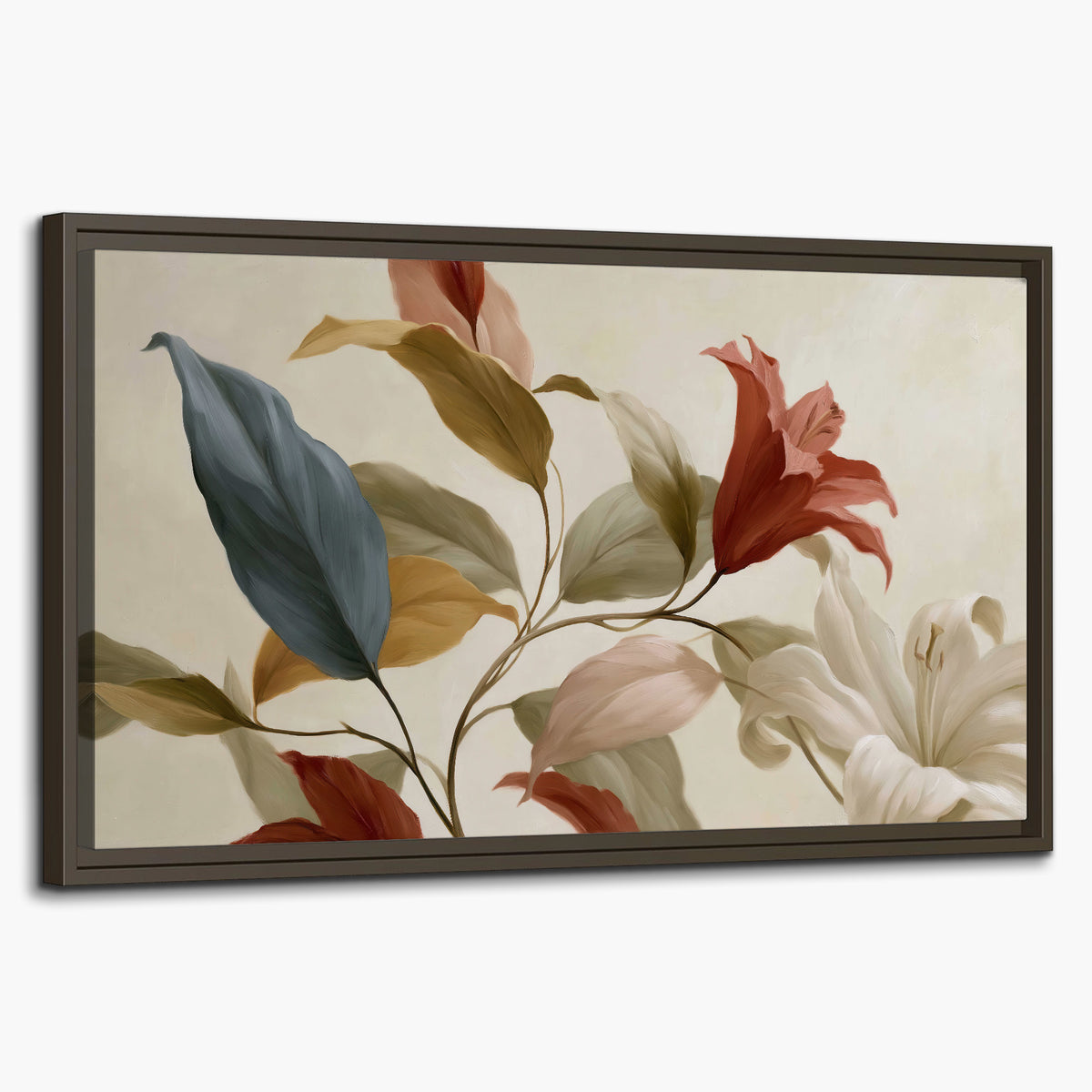 Cream flowers with broad blue and rust leaves sweeping across a neutral background single framed canvas wall art on a white background