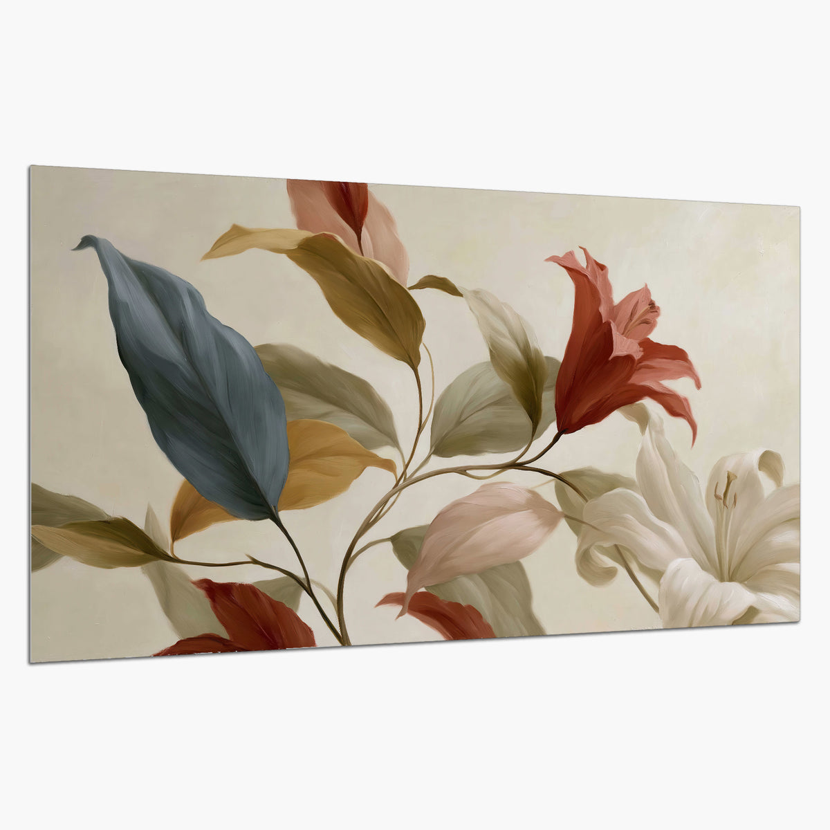 Cream flowers with broad blue and rust leaves sweeping across a neutral background single poster print on a white background