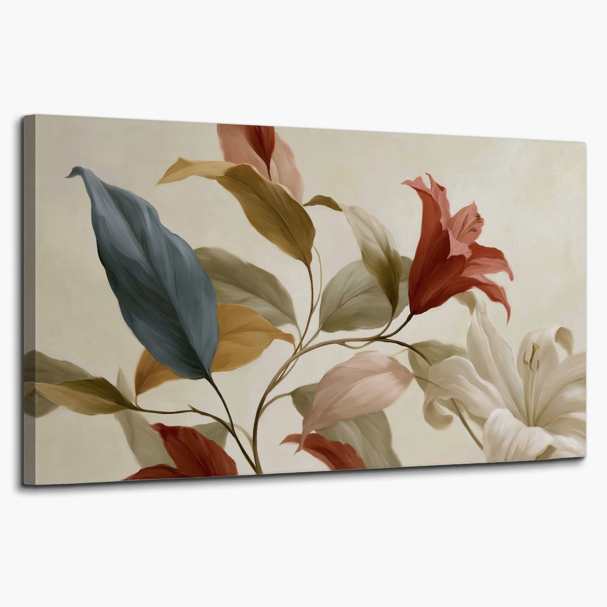 Cream flowers with broad blue and rust leaves sweeping across a neutral background single canvas wall art on a white background