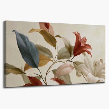 Cream flowers with broad blue and rust leaves sweeping across a neutral background single canvas wall art on a white background