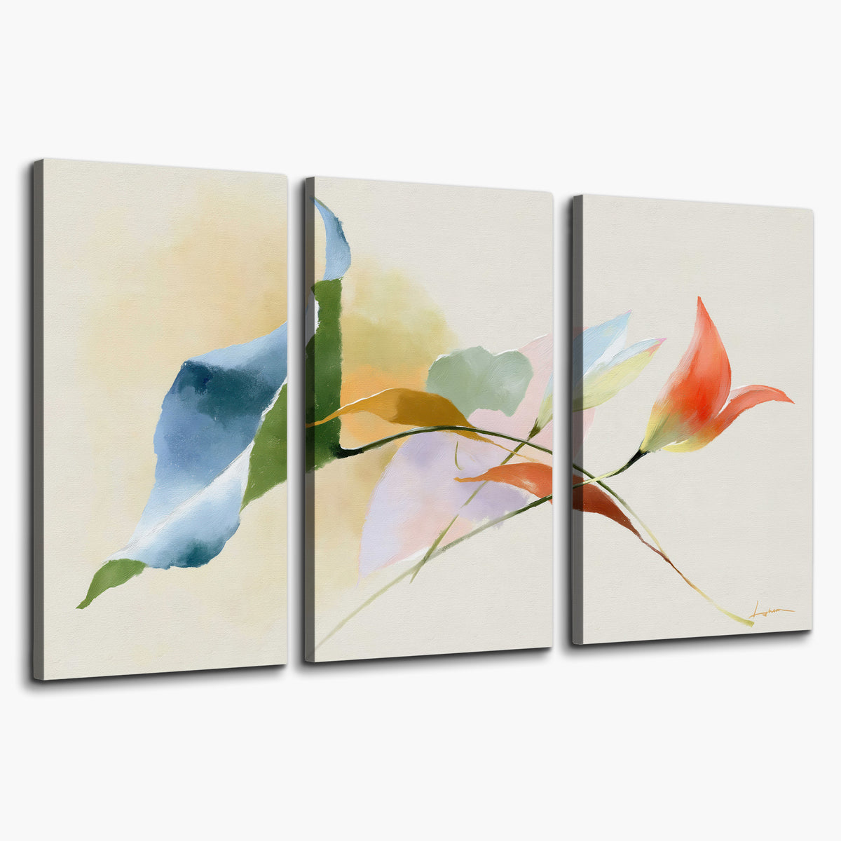 Airy green, orange and blue organic shapes floating across a white background 3 piece canvas wall art on a white background