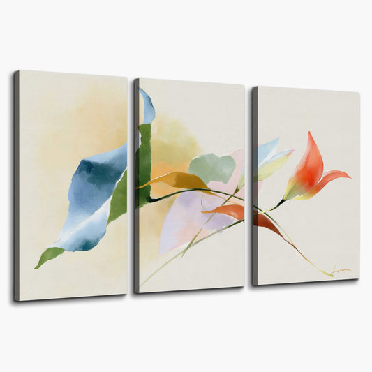 Airy green, orange and blue organic shapes floating across a white background 3 piece canvas wall art on a white background