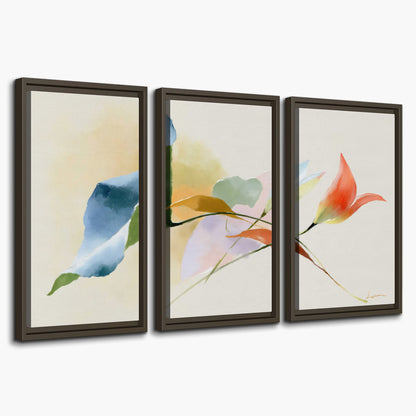 Airy green, orange and blue organic shapes floating across a white background 3 piece framed canvas wall art on a white background