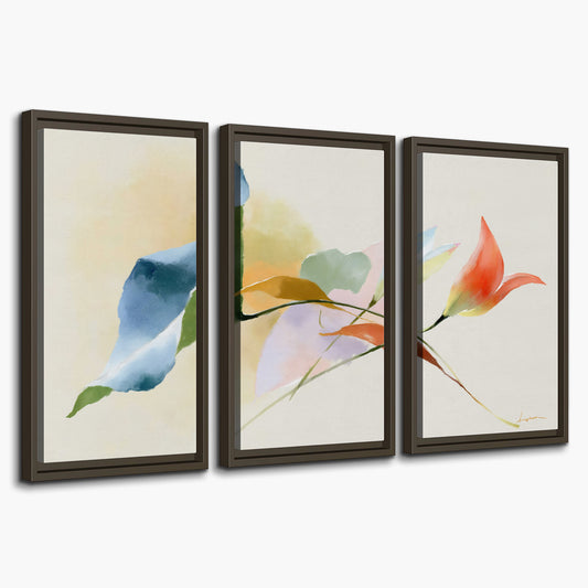 Airy green, orange and blue organic shapes floating across a white background 3 piece framed canvas wall art on a white background