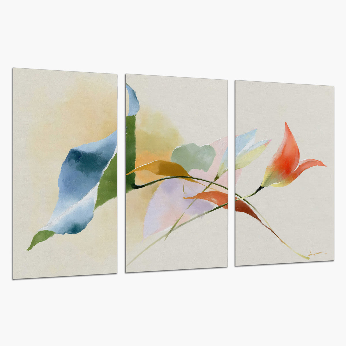 Airy green, orange and blue organic shapes floating across a white background set of 3 poster prints on a white background