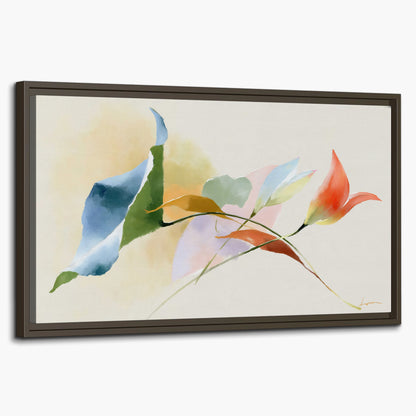 Airy green, orange and blue organic shapes floating across a white background single framed canvas wall art on a white background