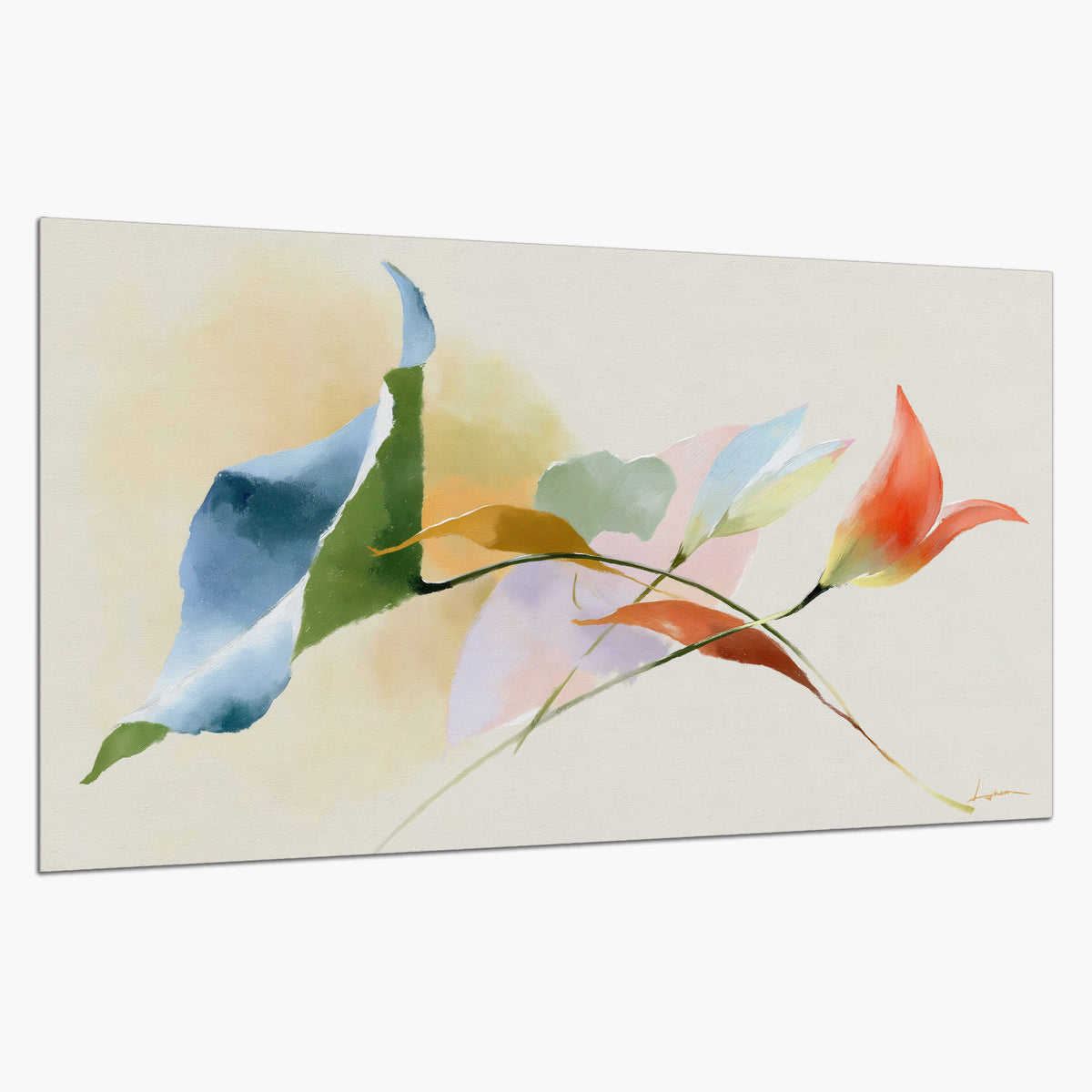 Airy green, orange and blue organic shapes floating across a white background single poster print on a white background