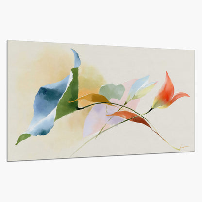 Airy green, orange and blue organic shapes floating across a white background single poster print on a white background