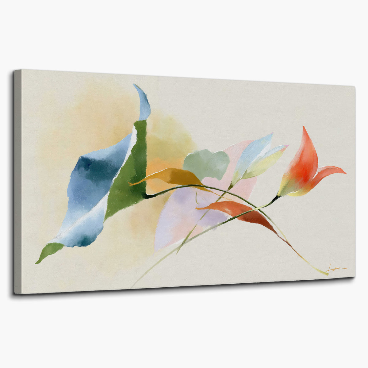Airy green, orange and blue organic shapes floating across a white background single canvas wall art on a white background