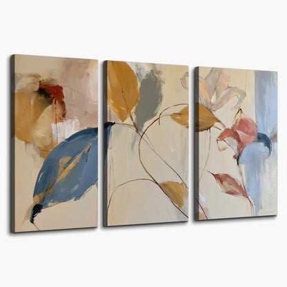 Loose ochre, blue and pink leaves arranged on a pale layered background 3 piece canvas wall art on a white background