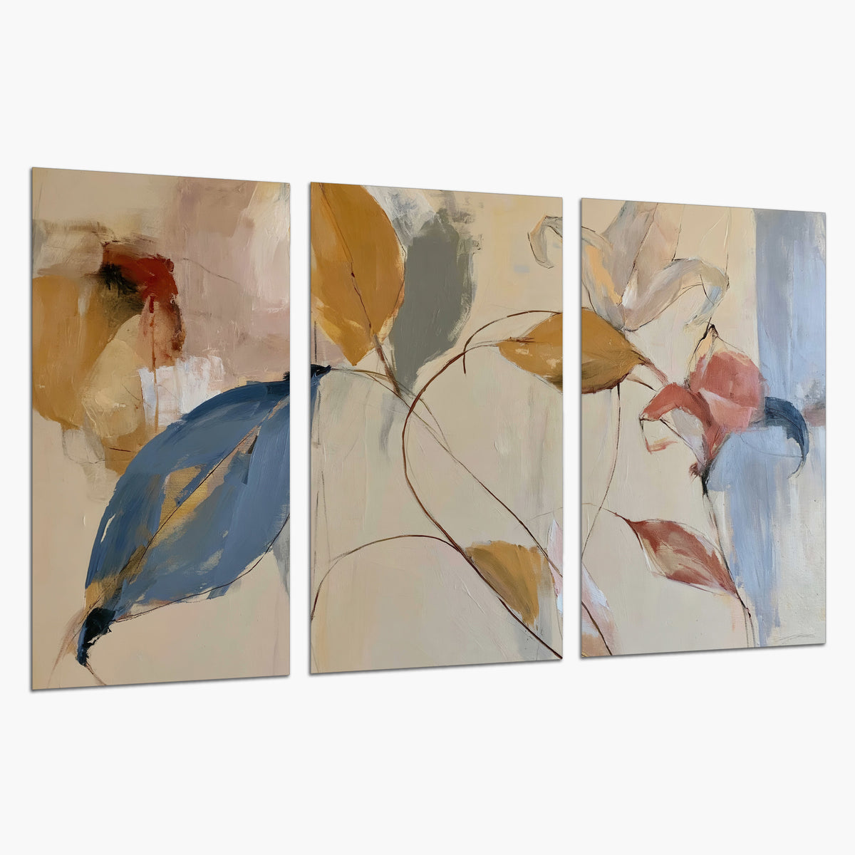 Loose ochre, blue and pink leaves arranged on a pale layered background set of 3 poster prints on a white background