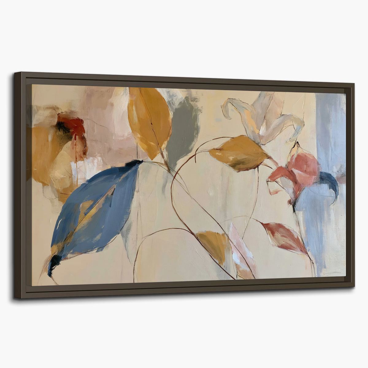 Loose ochre, blue and pink leaves arranged on a pale layered background single framed canvas wall art on a white background