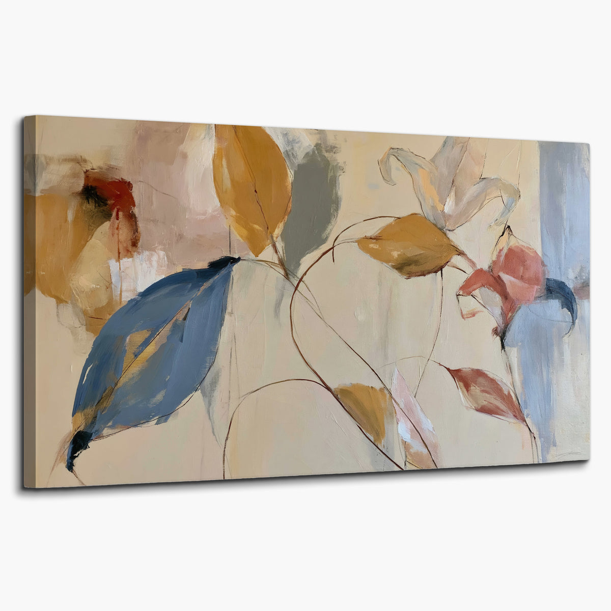 Loose ochre, blue and pink leaves arranged on a pale layered background single canvas wall art on a white background