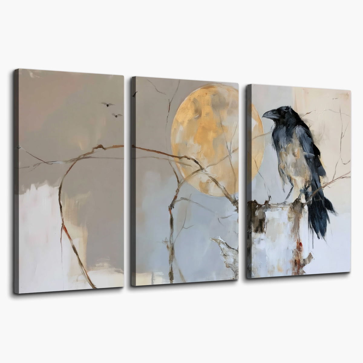 A dark raven beside a golden moon amid pale blue and cream painterly strokes 3 piece canvas wall art on a white background