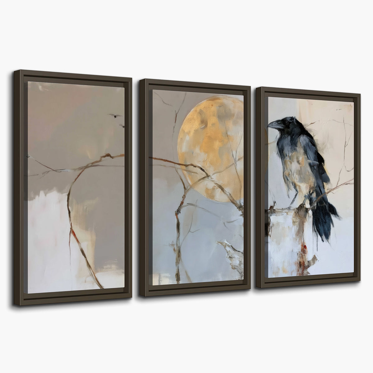 A dark raven beside a golden moon amid pale blue and cream painterly strokes 3 piece framed canvas wall art on a white background