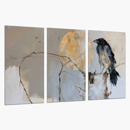 A dark raven beside a golden moon amid pale blue and cream painterly strokes set of 3 poster prints on a white background
