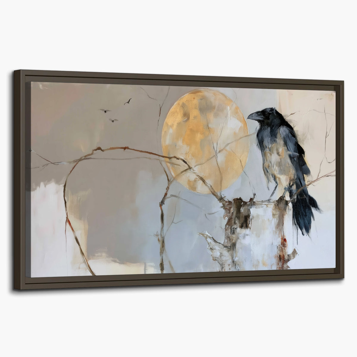 A dark raven beside a golden moon amid pale blue and cream painterly strokes single framed canvas wall art on a white background