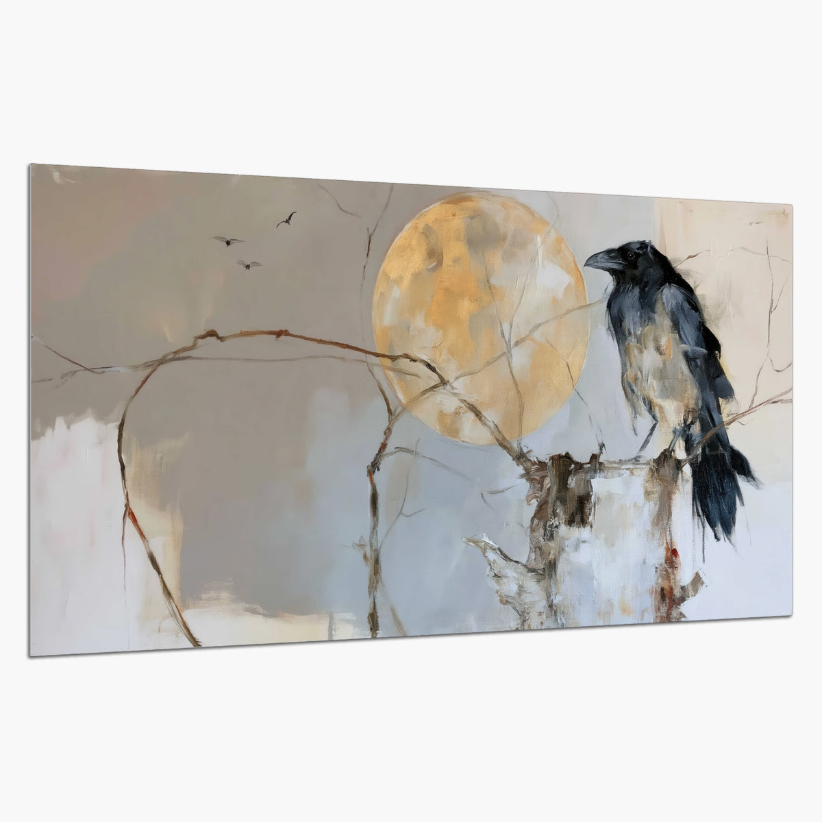A dark raven beside a golden moon amid pale blue and cream painterly strokes single poster print on a white background