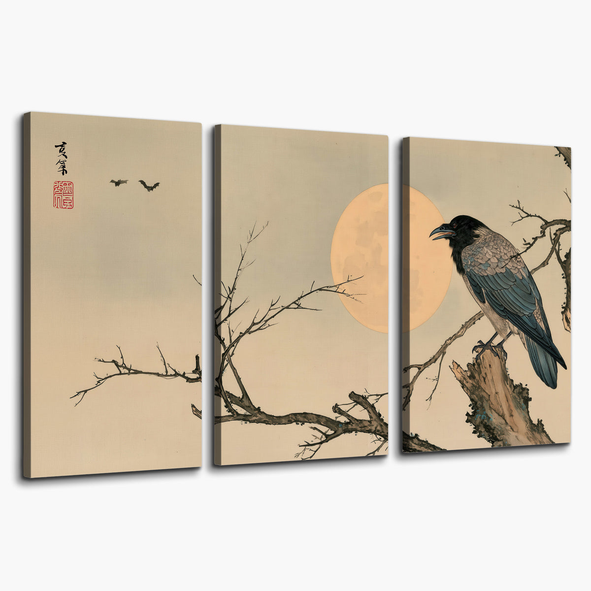 A dark raven perched on a bare branch beside a warm full moon 3 piece canvas wall art on a white background