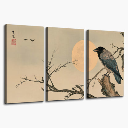 A dark raven perched on a bare branch beside a warm full moon 3 piece canvas wall art on a white background