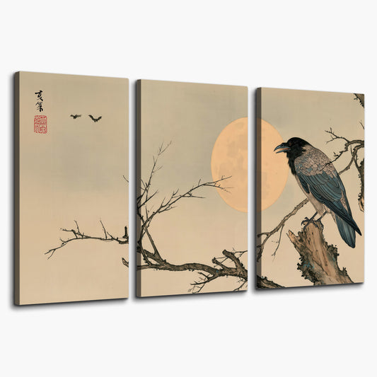 A dark raven perched on a bare branch beside a warm full moon 3 piece canvas wall art on a white background