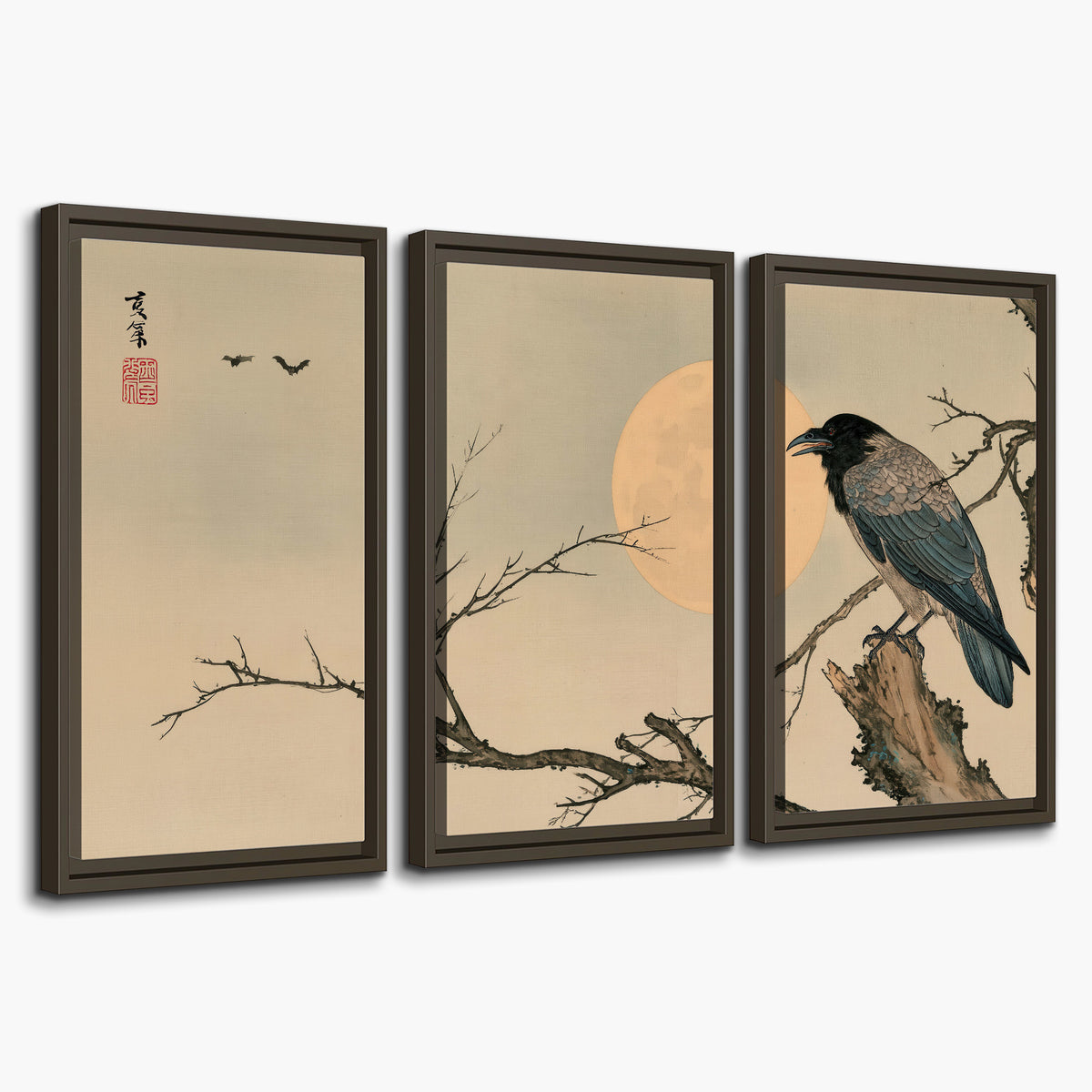 A dark raven perched on a bare branch beside a warm full moon 3 piece framed canvas wall art on a white background