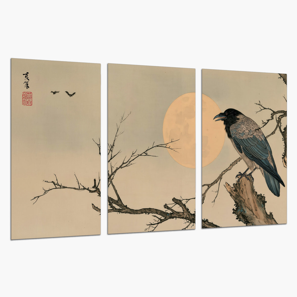 A dark raven perched on a bare branch beside a warm full moon set of 3 poster prints on a white background