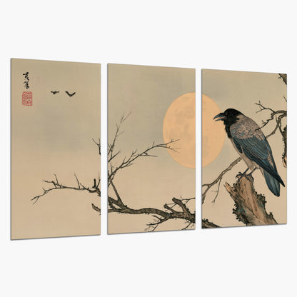A dark raven perched on a bare branch beside a warm full moon set of 3 poster prints on a white background