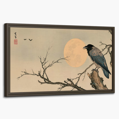 A dark raven perched on a bare branch beside a warm full moon single framed canvas wall art on a white background