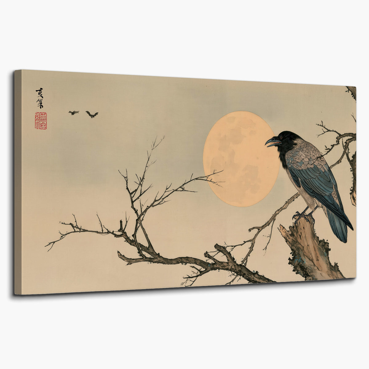 A dark raven perched on a bare branch beside a warm full moon single canvas wall art on a white background