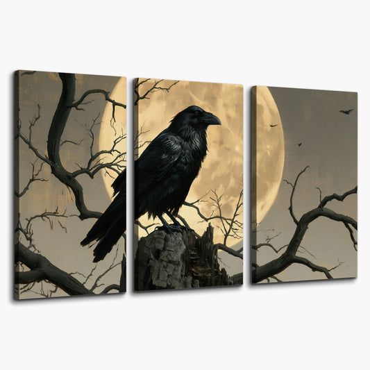 A black raven standing among bare branches in front of a large golden moon 3 piece canvas wall art on a white background
