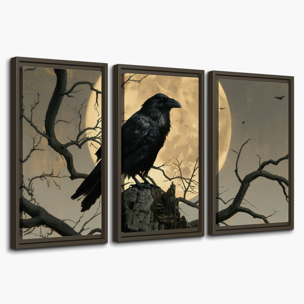 A black raven standing among bare branches in front of a large golden moon 3 piece framed canvas wall art on a white background