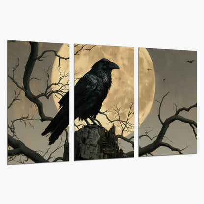 A black raven standing among bare branches in front of a large golden moon set of 3 poster prints on a white background