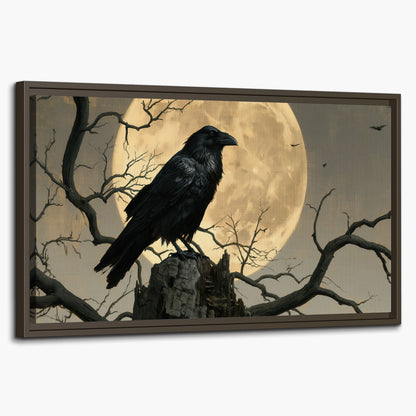 A black raven standing among bare branches in front of a large golden moon single framed canvas wall art on a white background