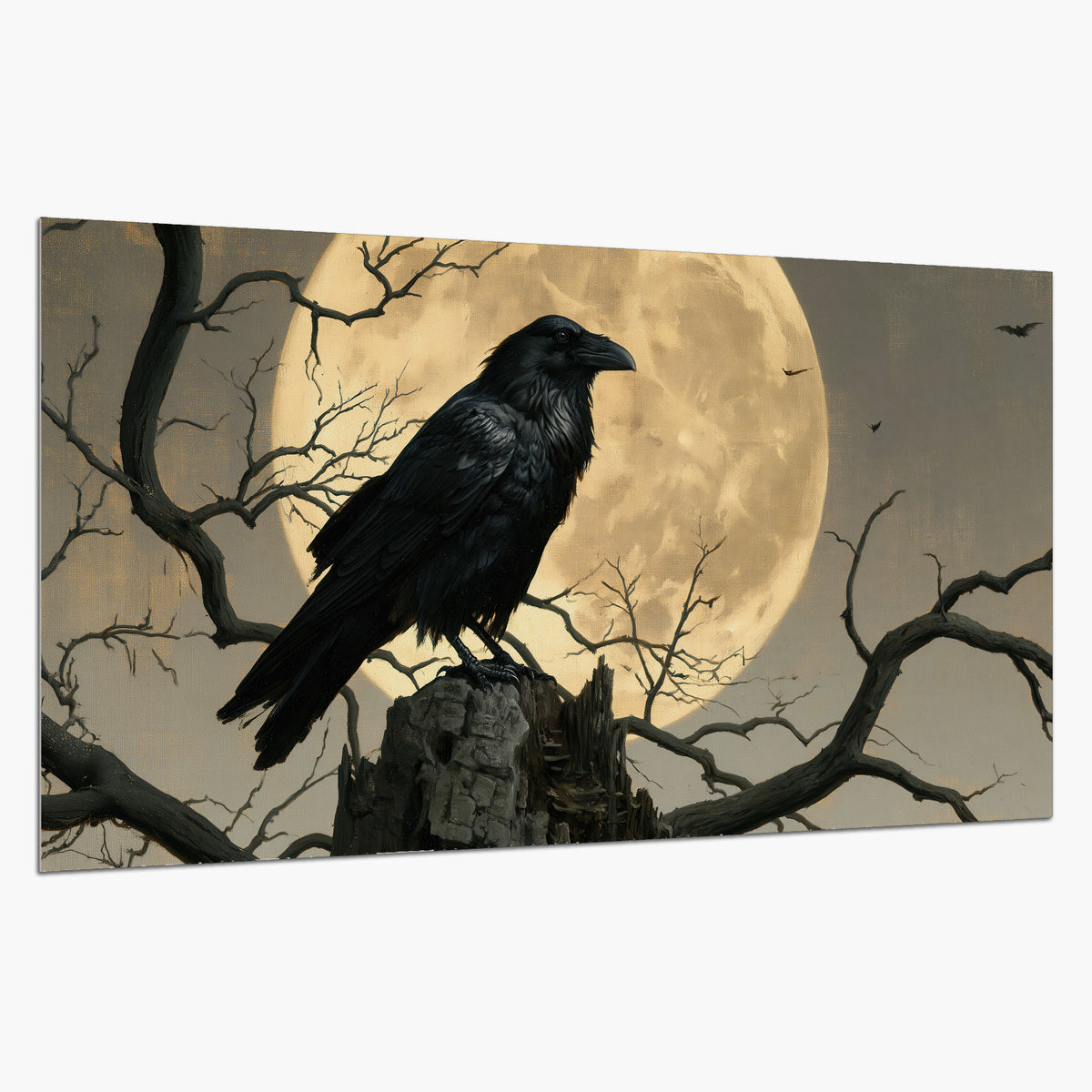 A black raven standing among bare branches in front of a large golden moon single poster print on a white background