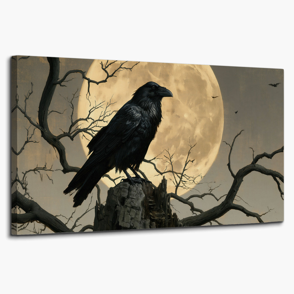 A black raven standing among bare branches in front of a large golden moon single canvas wall art on a white background