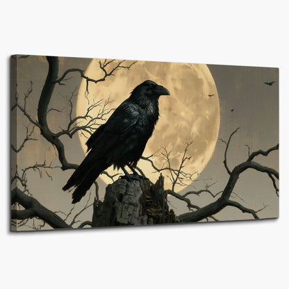 A black raven standing among bare branches in front of a large golden moon single canvas wall art on a white background