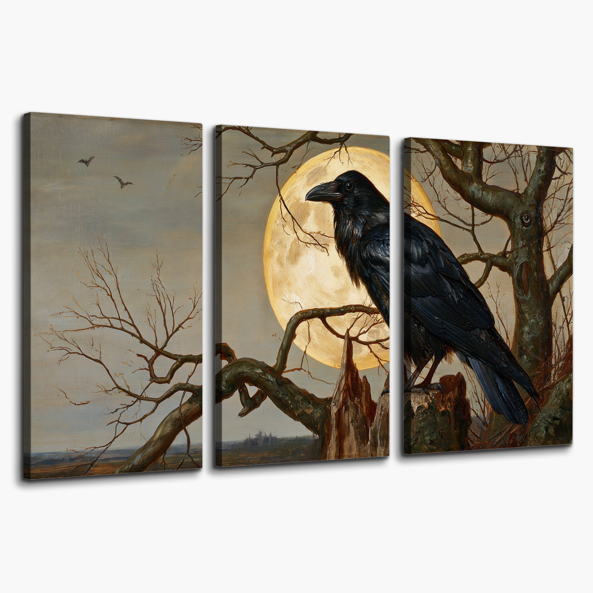 A dark raven perched on a branch beneath a warm moon in a shadowed woodland 3 piece canvas wall art on a white background
