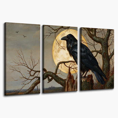 A dark raven perched on a branch beneath a warm moon in a shadowed woodland 3 piece canvas wall art on a white background