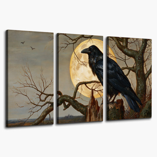 A dark raven perched on a branch beneath a warm moon in a shadowed woodland 3 piece canvas wall art on a white background