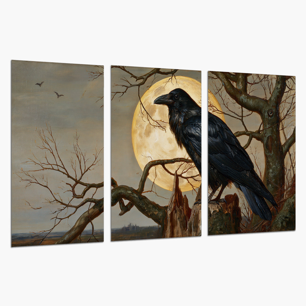 A dark raven perched on a branch beneath a warm moon in a shadowed woodland set of 3 poster prints on a white background