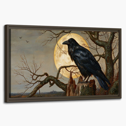 A dark raven perched on a branch beneath a warm moon in a shadowed woodland single framed canvas wall art on a white background