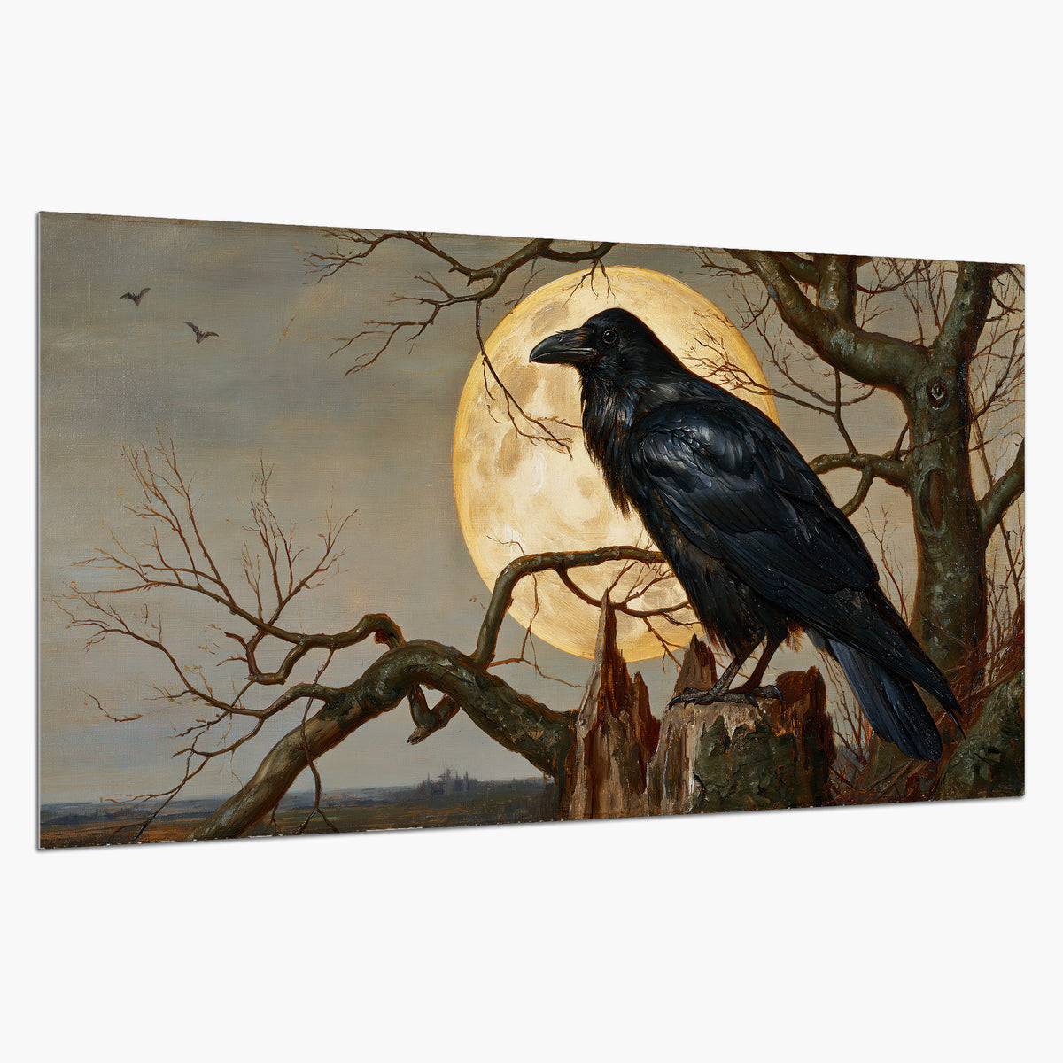 A dark raven perched on a branch beneath a warm moon in a shadowed woodland single poster print on a white background