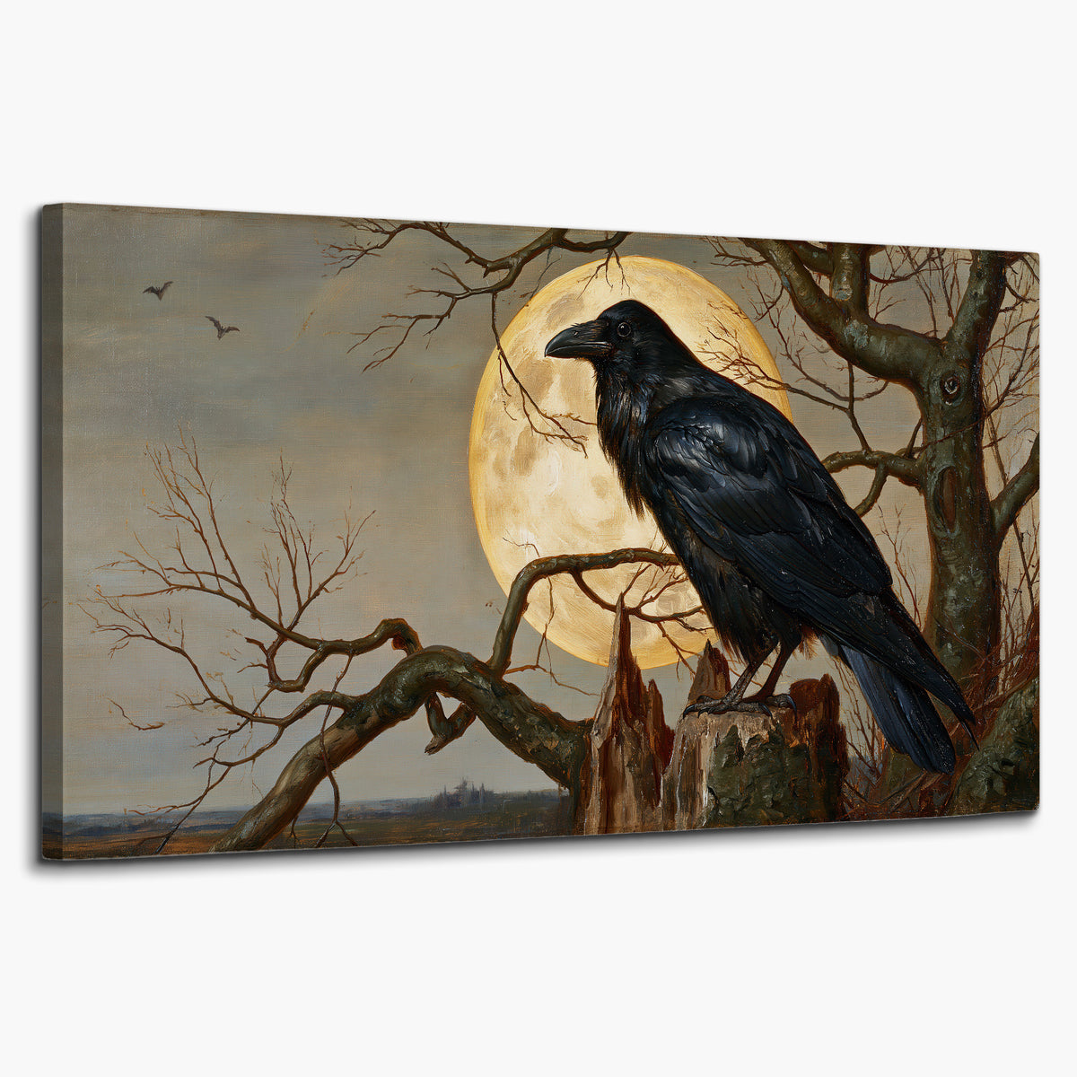 A dark raven perched on a branch beneath a warm moon in a shadowed woodland single canvas wall art on a white background