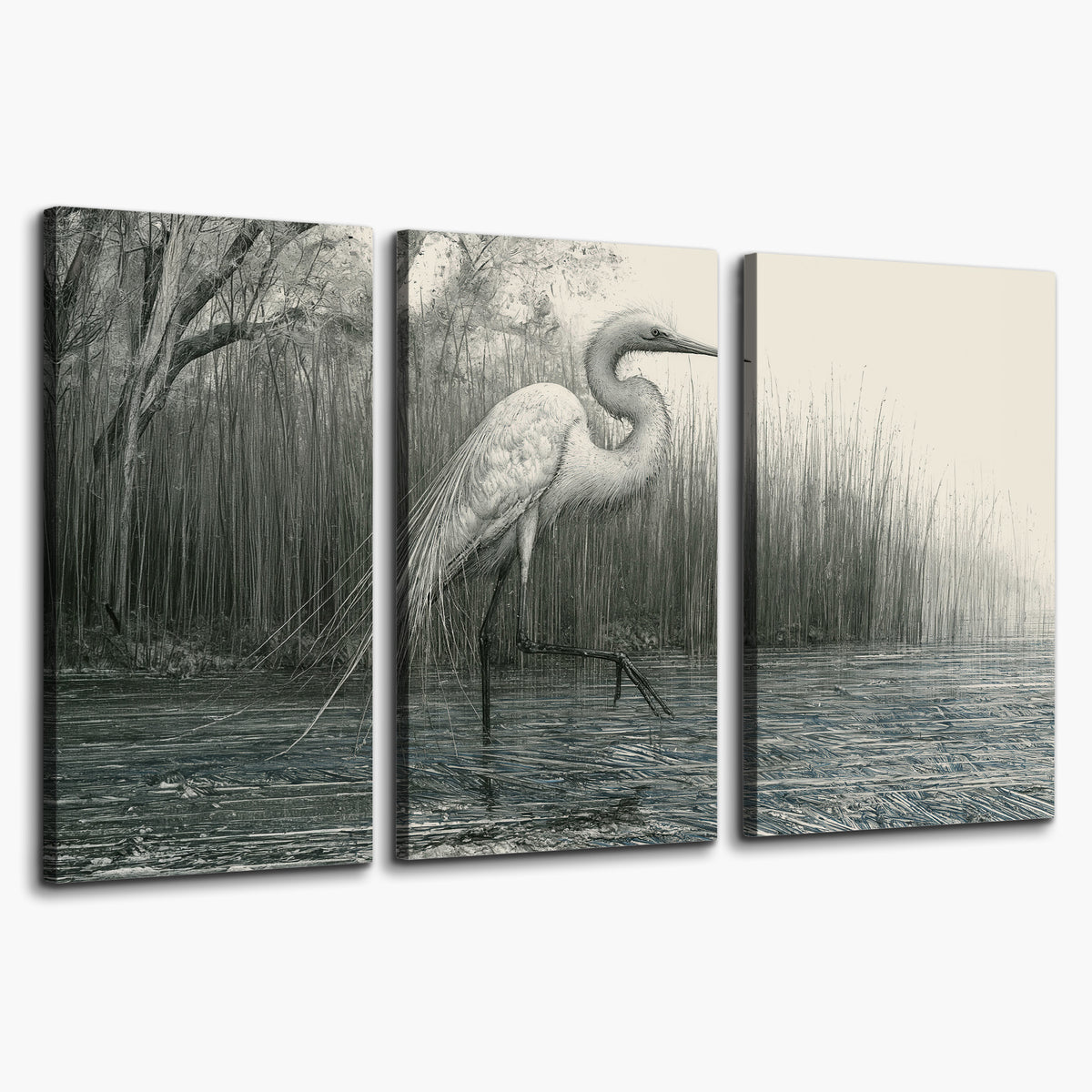 A pale long-legged heron standing beside tall reeds in a muted gray-green wetland 3 piece canvas wall art on a white background