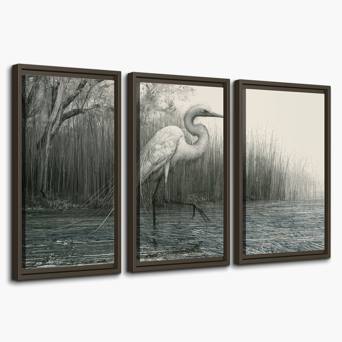 A pale long-legged heron standing beside tall reeds in a muted gray-green wetland 3 piece framed canvas wall art on a white background