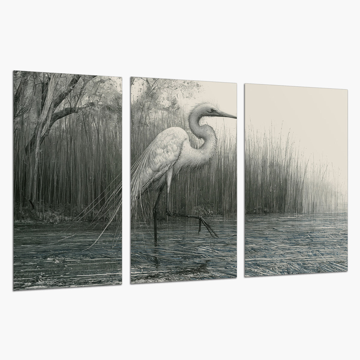 A pale long-legged heron standing beside tall reeds in a muted gray-green wetland set of 3 poster prints on a white background